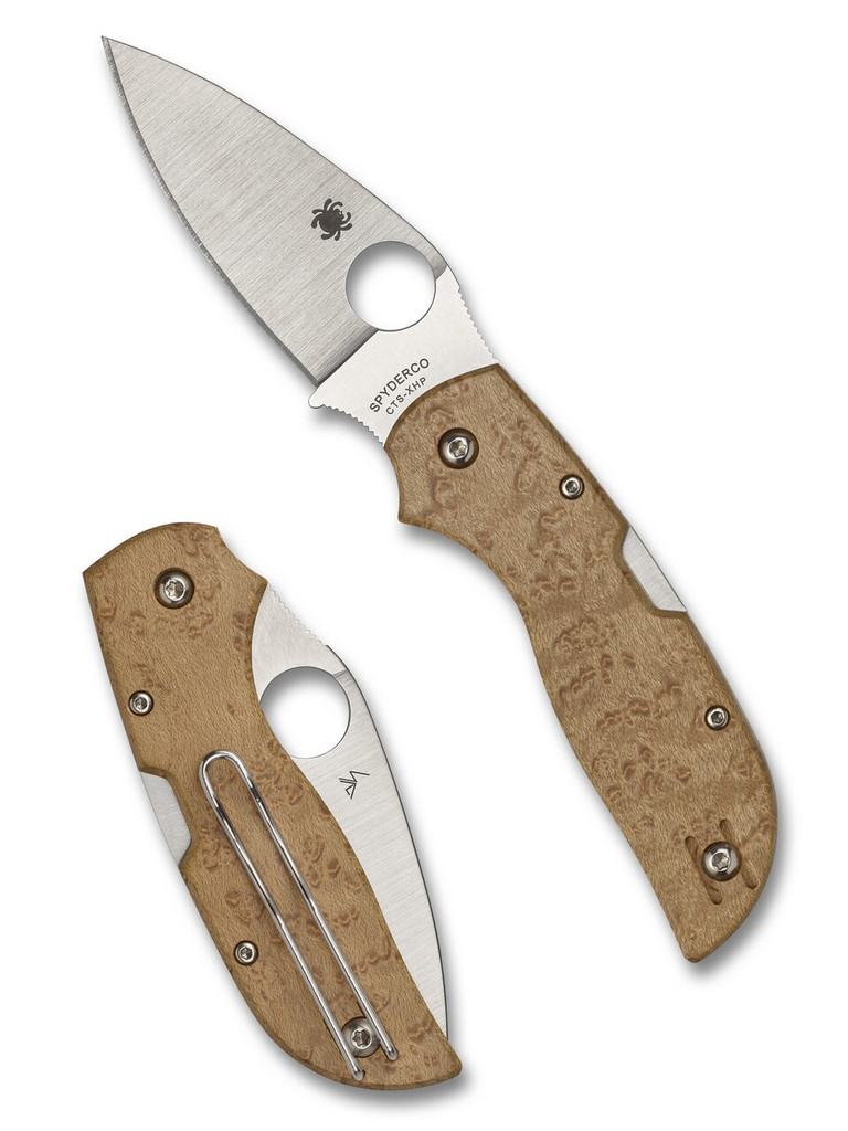 Spyderco Chaparral folding knife with thumb hole - shown open presentation side and closed pocket clip side.  Satin CTS-XHP stainless steel plain edge blade. Birdseye Maple wood handle.  Model C152WDP.
