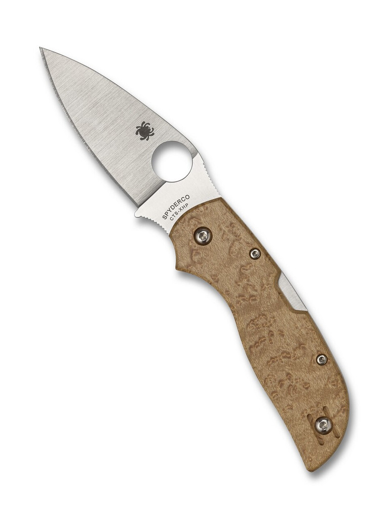 Spyderco Chaparral folding knife with thumb hole - shown open presentation side.  Satin CTS-XHP stainless steel plain edge blade. Birdseye Maple wood handle.  Model C152WDP.