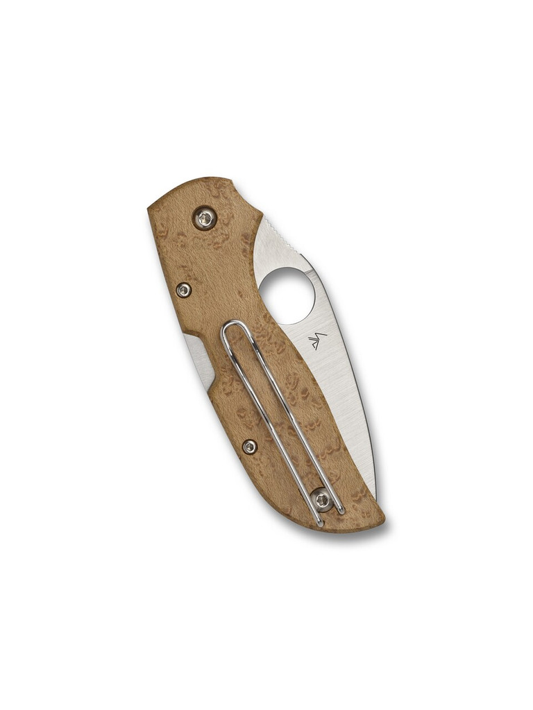 Spyderco Chaparral folding knife with thumb hole - shown closed pocket clip side.  Satin CTS-XHP stainless steel plain edge blade. Birdseye Maple wood handle.  Model C152WDP.