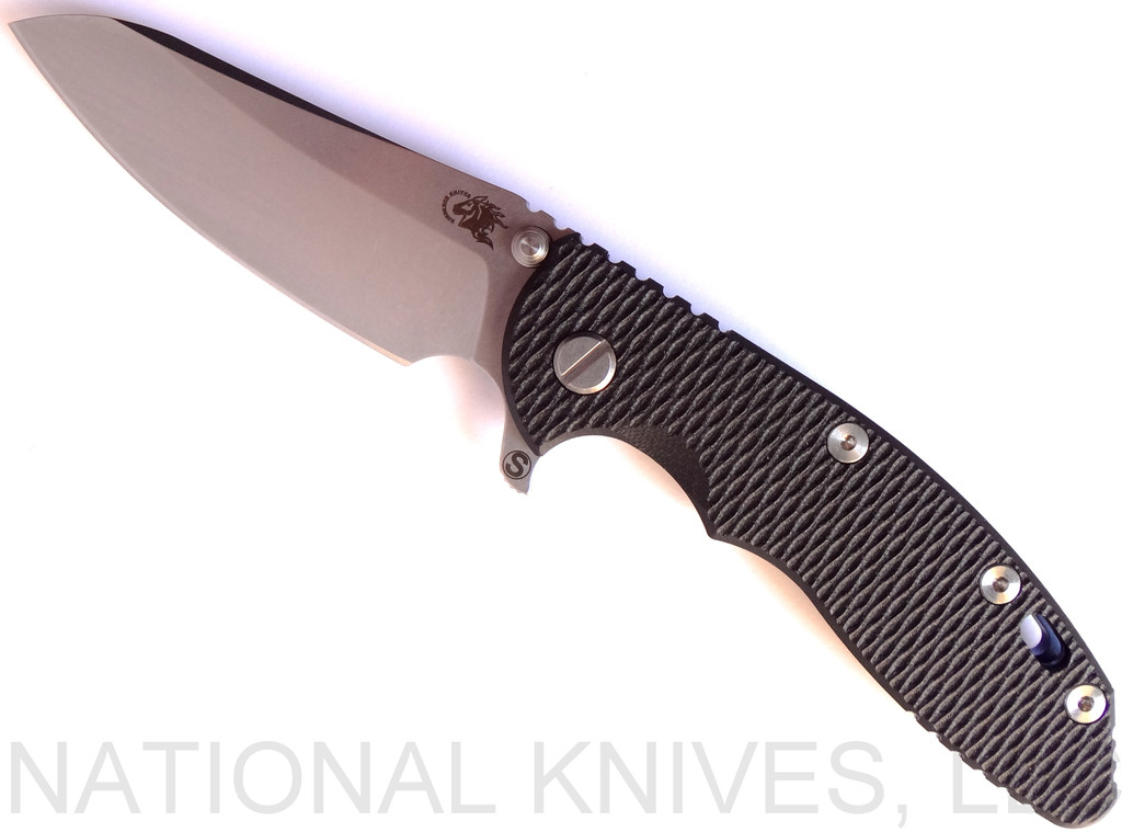 Rick Hinderer Knives XM-18 SKINNY Sheepsfoot Folding Knife, Stonewash 3.5" Plain Edge 20CV Blade, Stonewash Blue Lockside, Black G-10 Handle - Tri-Way Pivot