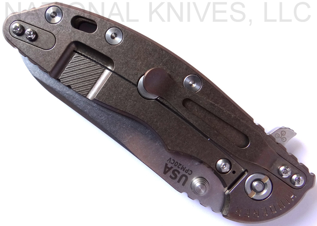 Rick Hinderer Knives XM-18 SKINNY Sheepsfoot Folding Knife, Stonewash 3.5" Plain Edge 20CV Blade, Stonewash Bronze Lockside, Black G-10 Handle - Tri-Way Pivot