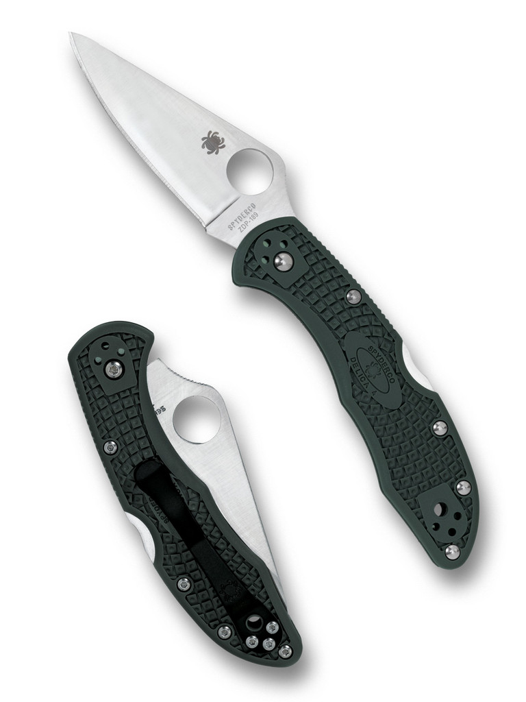 Spyderco Delica 4 folding knife with thumb hole - shown open presentation side and closed pocket clip side.  Satin ZDP-189 steel plain edge blade.  British Racing Green FRN handle.  Model C11PGRE.
For reference only.
