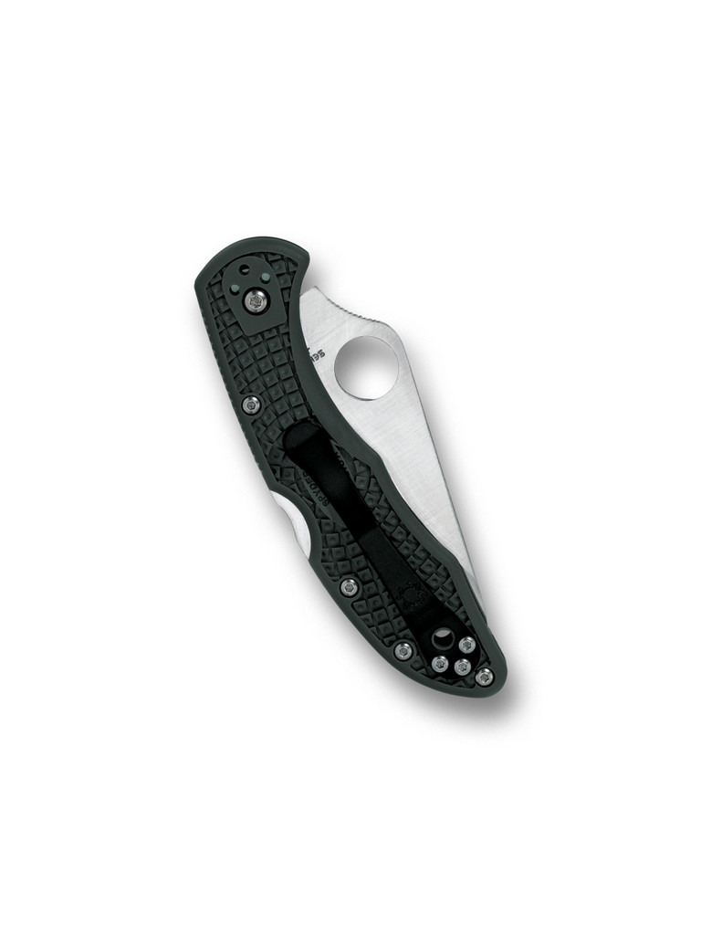 Spyderco Delica 4 folding knife with thumb hole - shown closed pocket clip side.  Satin ZDP-189 steel plain edge blade.  British Racing Green FRN handle.  Model C11PGRE.
For reference only.
