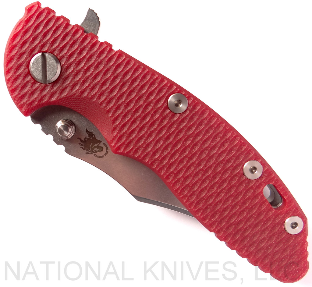 Rick Hinderer Knives XM-18 Bowie Folding Knife, Stonewash 3.5" Plain Edge 20CV Blade, Stonewash Lock Side, Red G-10 Handle - Tri-Way Pivot