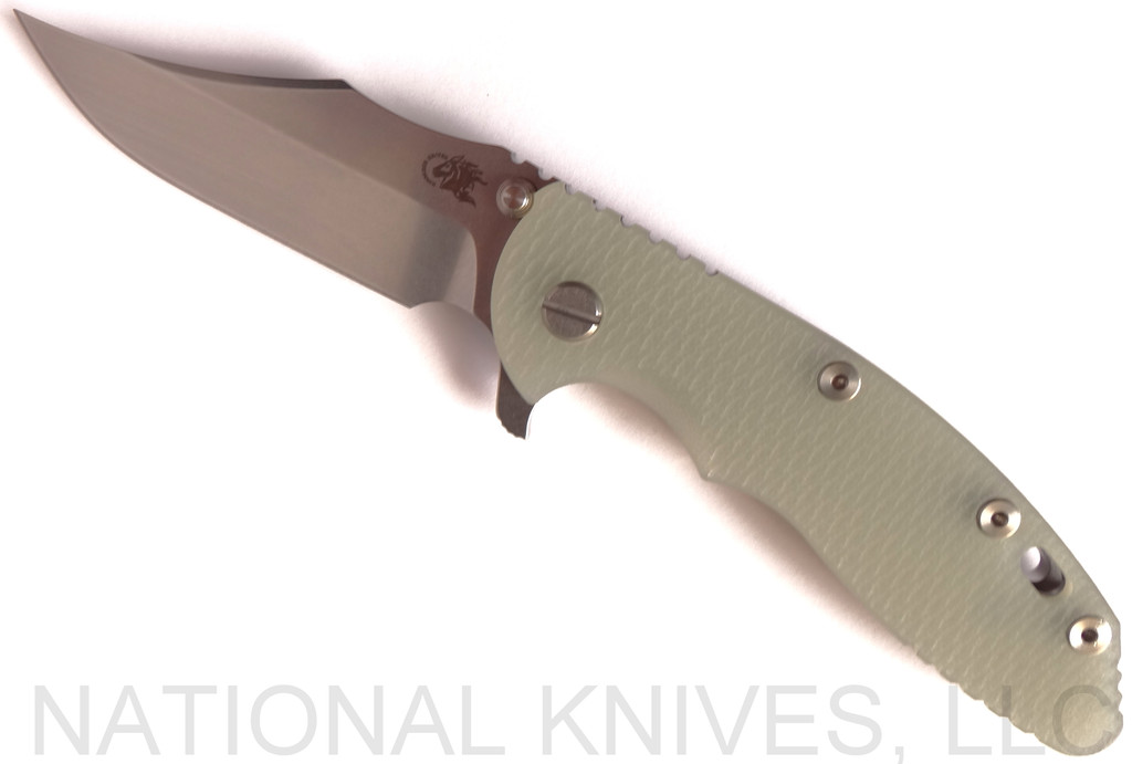 Rick Hinderer Knives XM-18 Bowie Folding Knife, Stonewash 3.5" Plain Edge 20CV Blade, Stonewash Lock Side, Translucent Green G-10 Handle - Tri-Way Pivot