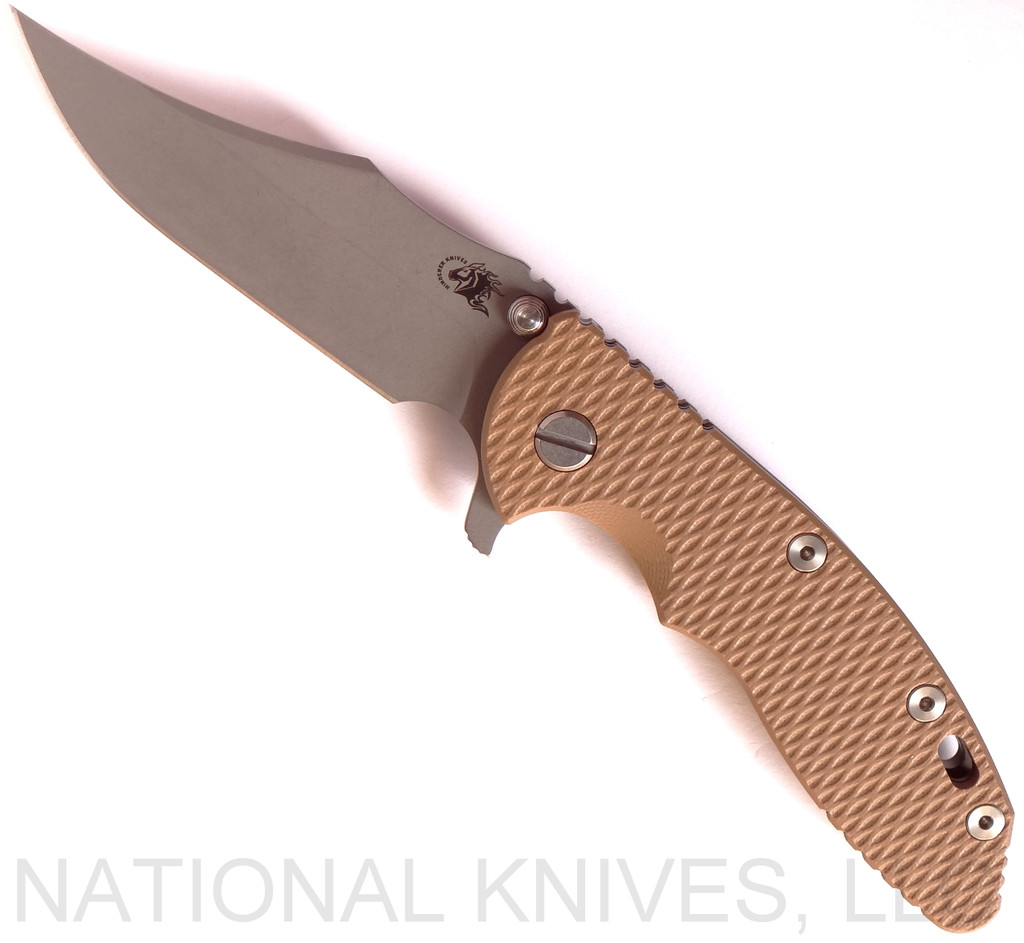 Rick Hinderer Knives XM-18 3.5" Bowie folding knife with thumb stud and flipper tab - shown open presentation side.  Working Finish 20CV stainless steel plain edge blade.  Coyote G-10 handle with Battle Bronze titanium lock side.  Model K2032SGW00.