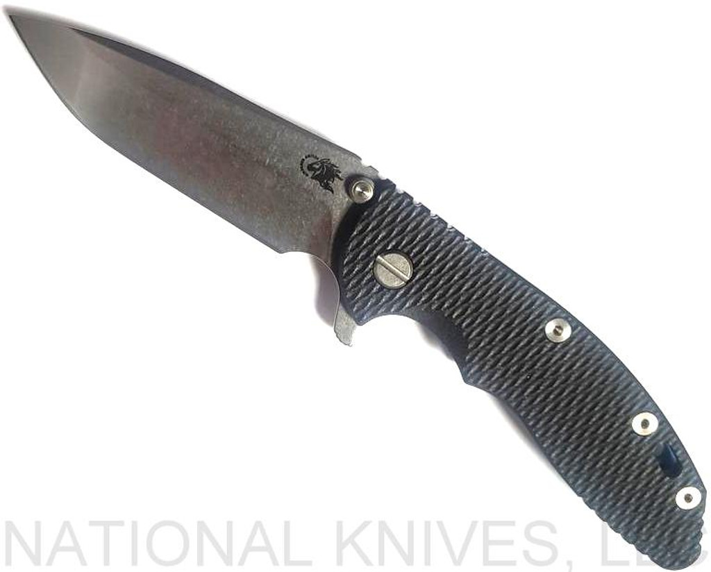 Rick Hinderer Knives XM-18 Spanto Folding Knife, Stonewashed 3.5" Plain Edge S45VN Blade, Stonewashed Blue Lockside, Black G-10 Handle - Tri-Way Pivot