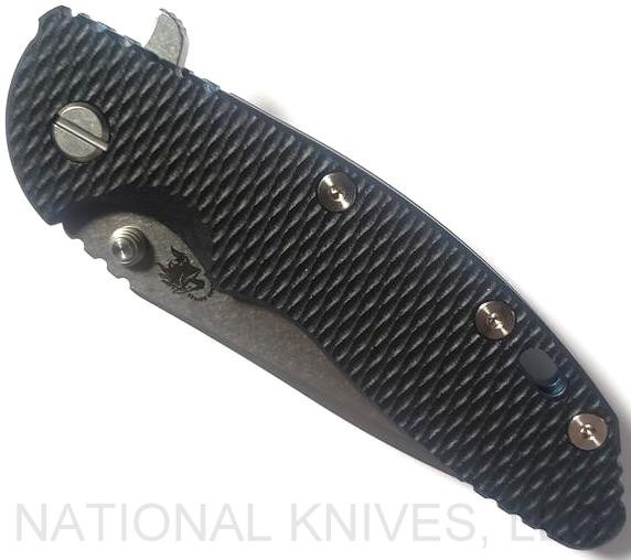 Rick Hinderer Knives XM-18 3.5" Spanto folding knife with thumb stud and flipper tab - shown closed presentation side.  Stonewash S45VN stainless steel plain edge blade.  Black G-10 handle with stonewash blue lock side.  Model K2002SGS00.