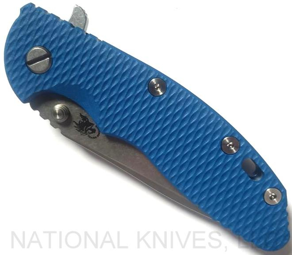 Rick Hinderer Knives XM-18 3.5" Spanto folding knife with thumb stud and flipper tab - shown closed presentation side.  Stonewash S45VN stainless steel plain edge blade.  Blue G-10 handle with stonewash blue lock side.  Model KXM35SPA.