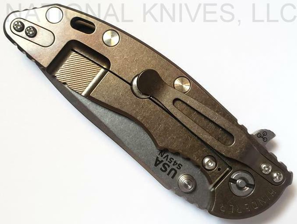 Rick Hinderer Knives XM-18 3.5" Spanto folding knife with thumb stud and flipper tab - shown side.  Stonewash closed lock S45VN stainless steel plain edge blade.  FDE G-10 handle with stonewash bronze lock side.  Model K2002SGS00.