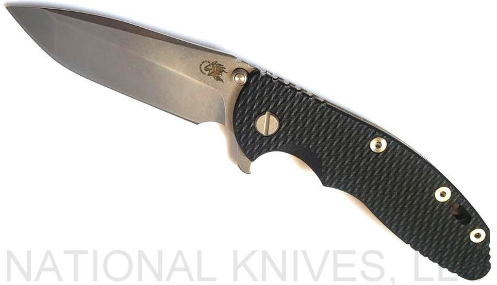 Rick Hinderer Knives XM-18 3.5" Spanto folding knife with thumb stud and flipper tab - shown open presentation side.  Stonewash S45VN stainless steel plain edge blade.  Black G-10 handle with stonewash bronze lock side.  Model K2002SGS00.