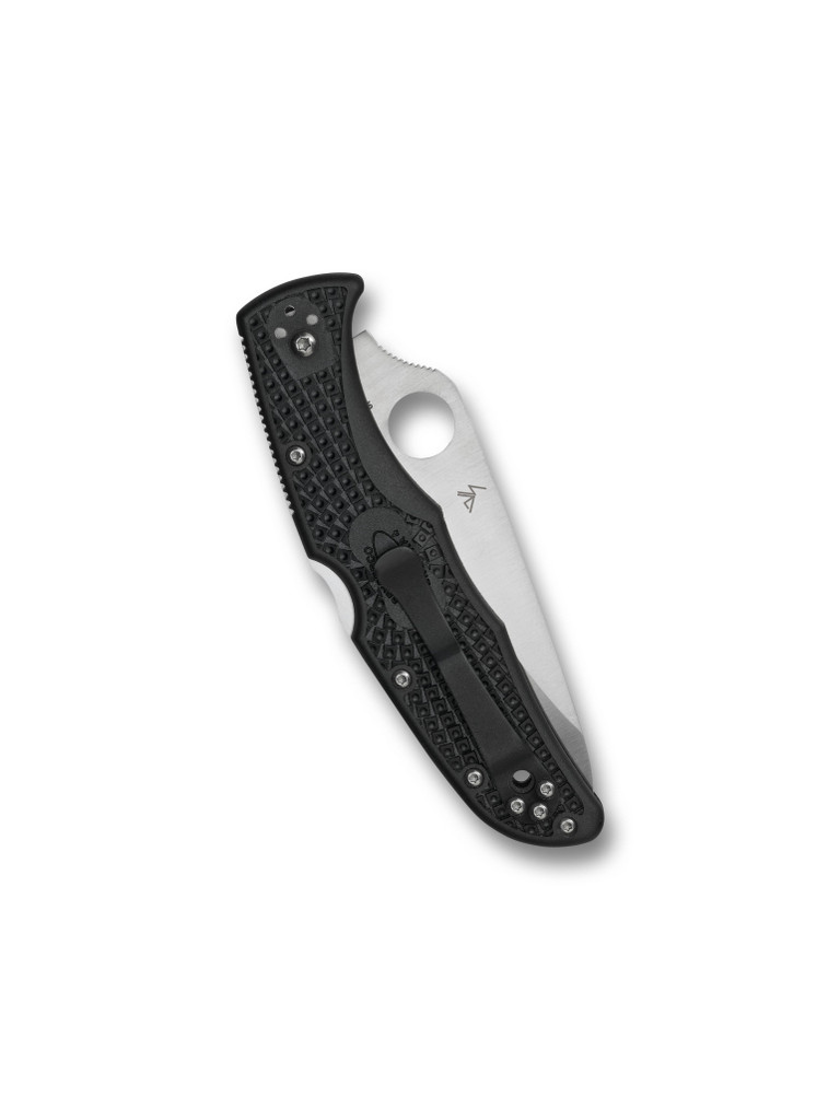 Spyderco Endura 4 folding knife with thumb hole - shown closed pocket clip side.  Satin VG-10 stainless steel serrated edge blade.  Black FRN handle.  Model C10SBK.