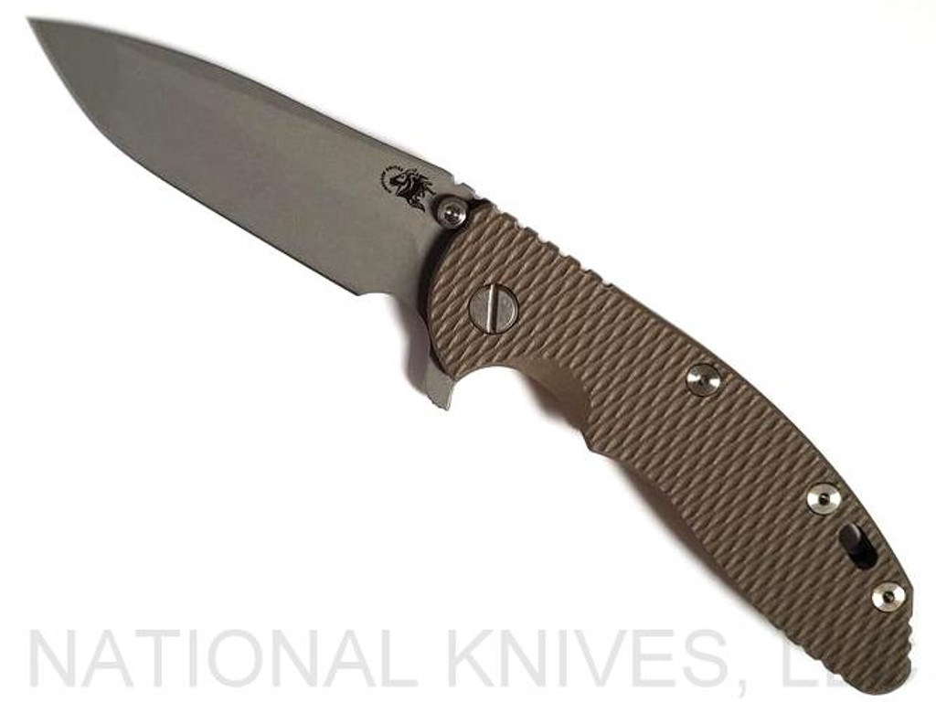 Rick Hinderer Knives XM-18 Spanto Folding Knife, Working Finish 3.5" Plain Edge S45VN Blade, Battle Bronze Lockside, FDE G-10 Handle - Tri-Way Pivot