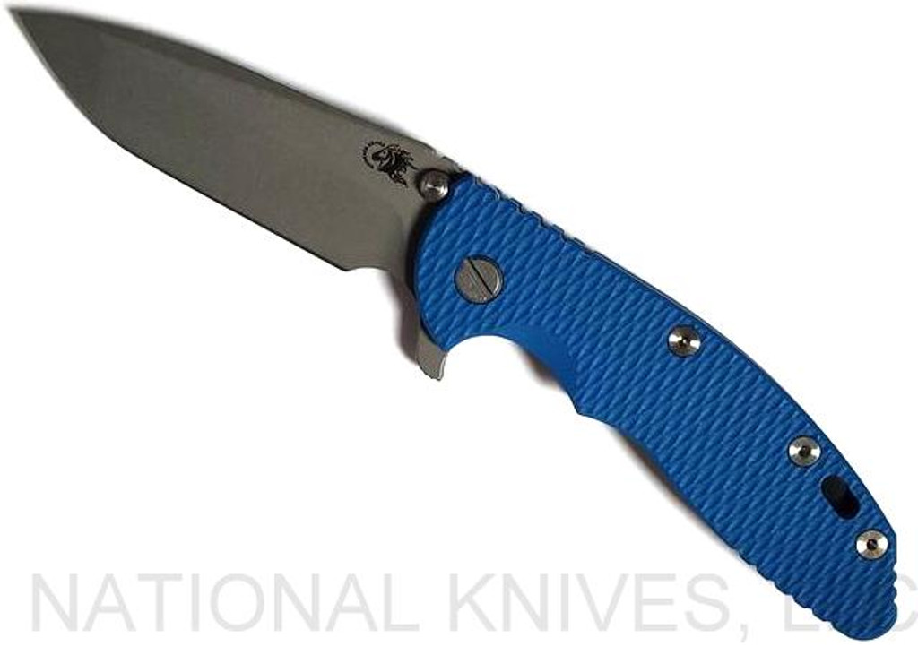 Rick Hinderer Knives XM-18 3.5" Spanto folding knife with thumb stud and flipper tab - shown open presentation side.  Working Finish S45VN stainless steel plain edge blade.  Blue G-10 handle with Battle Blue lock side.  Model K2002SGW00.
