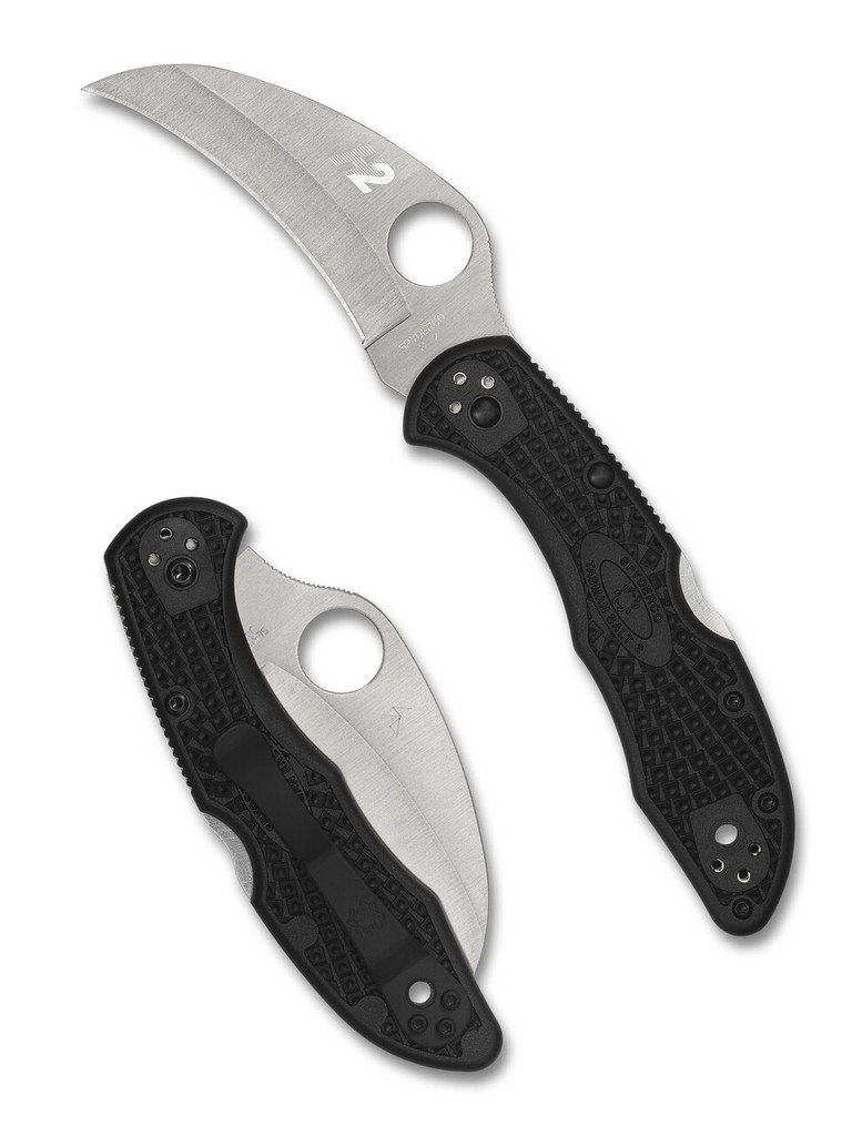Spyderco Tasman Salt 2 folding knife with thumb hole - shown open presentation side and closed pocket clip side.  Satin H-2 stainless steel plain edge blade.  Black FRN handle.  Model C106PBK2.