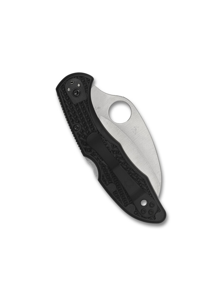 Spyderco Tasman Salt 2 folding knife with thumb hole - shown closed pocket clip side.  Satin H-2 stainless steel plain edge blade.  Black FRN handle.  Model C106PBK2.