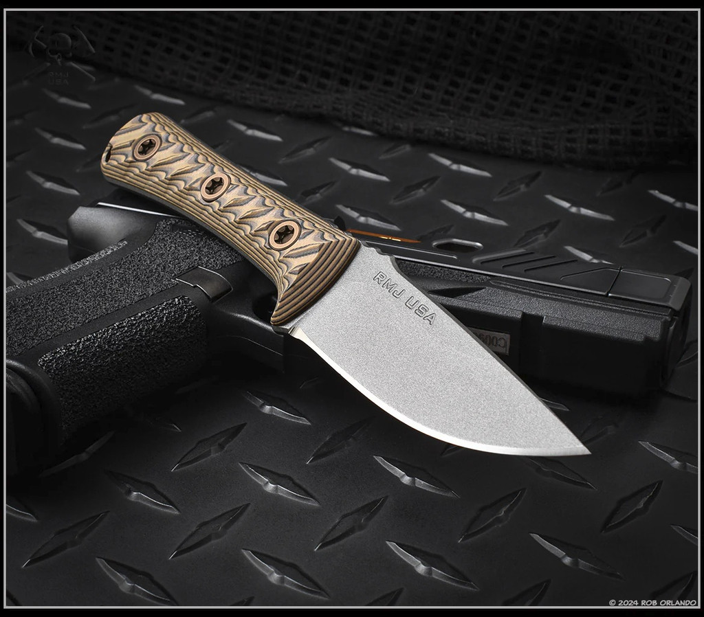 RMJ Tactical Utsidihi fixed blade knife - shown out of sheath obverse.  Tungsten Cerakote Nitro-V stainless steel plain edge blade.  Hyena Brown G-10 handle.  Model K-UT2-TU-HB.