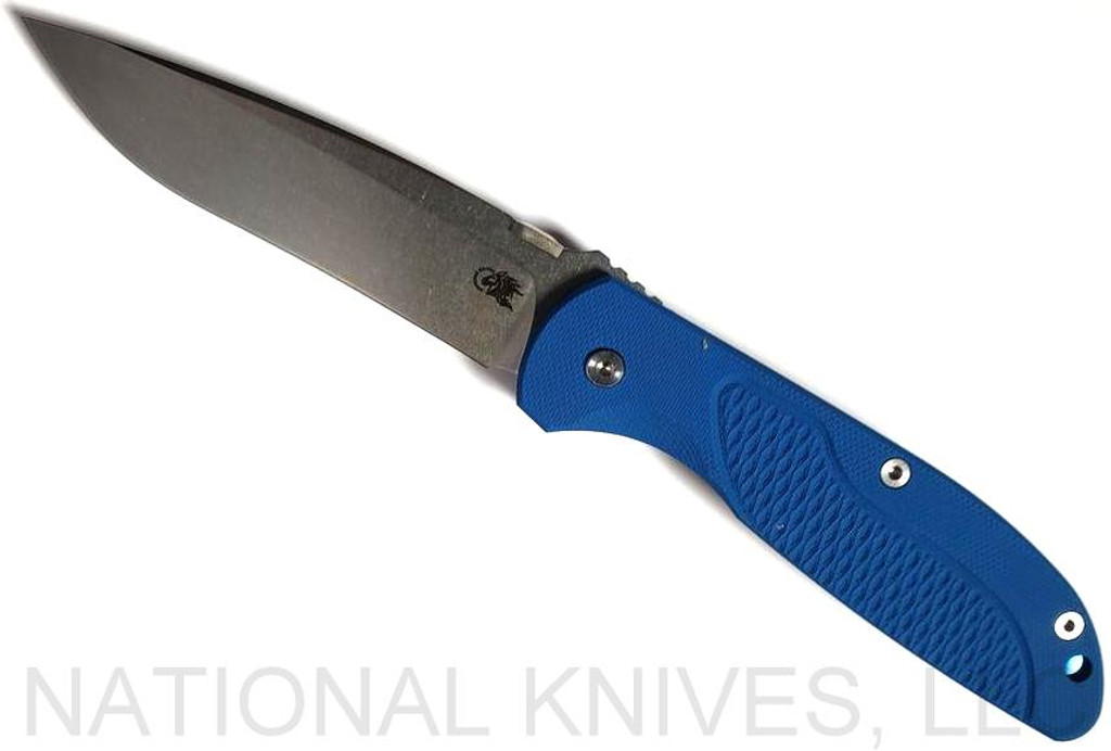 Rick Hinderer Knives Firetac Recurve folding knife with thumb disk - shown open presentation side.  Stonewash 20CV stainless steel plain edge blade.  Blue G-10 handle with stonewash blue lock side.  Model K205FSGS00.