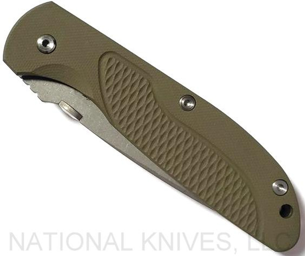 Rick Hinderer Knives Firetac Recurve Folding Knife, Working Finish 3.5625" Plain Edge 20CV Blade, Battle Bronze Lockside, OD Green G-10 Handle - Tri-Way Pivot