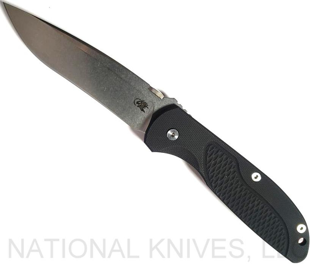 Rick Hinderer Knives Firetac Recurve folding knife with thumb disk - shown open presentation side.  Stonewash 20CV stainless steel plain edge blade.  Black G-10 handle with stonewash bronze lock side.  Model K205FSGS00.