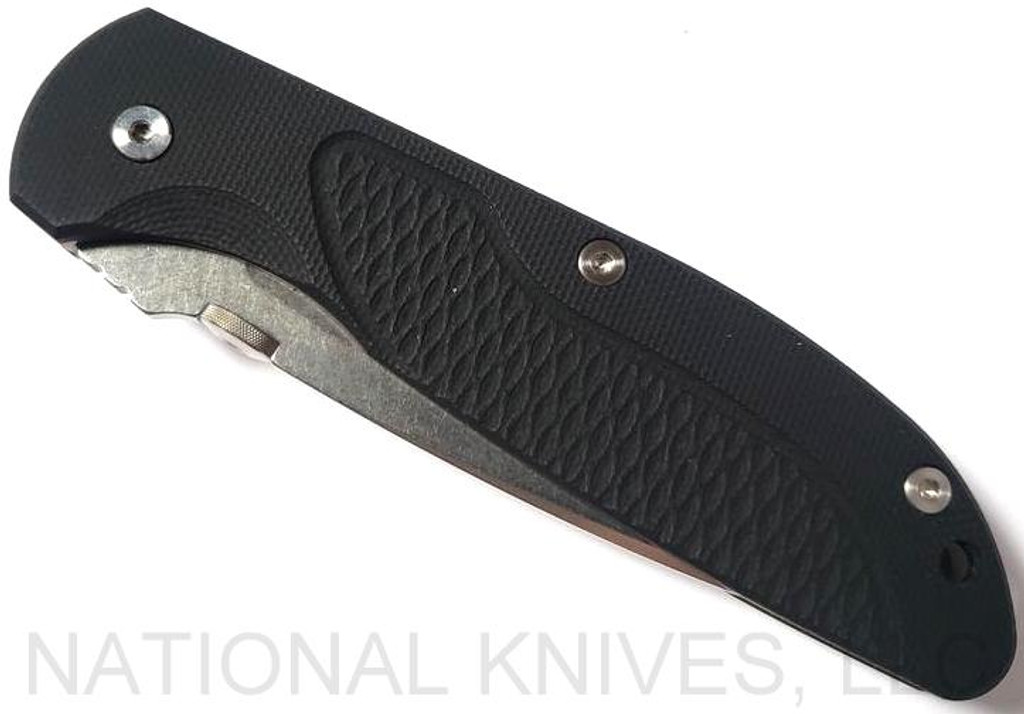 Rick Hinderer Knives Firetac Recurve Folding Knife, Stonewashed 3.5625" Plain Edge 20CV Blade, Stonewash Bronze Lockside, Black G-10 Handle - Tri-Way Pivot