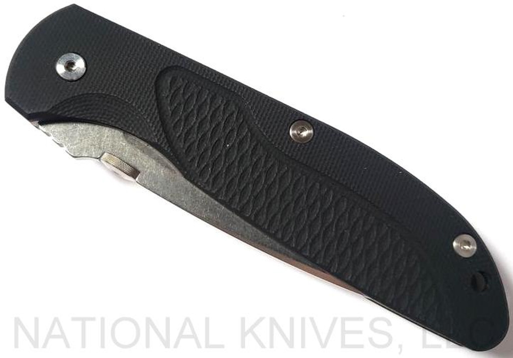 Rick Hinderer Knives Firetac Recurve folding knife with thumb disk - shown closed presentation side.  Stonewash 20CV stainless steel plain edge blade.  Black G-10 handle with stonewash bronze lock side.  Model K205FSGS00.