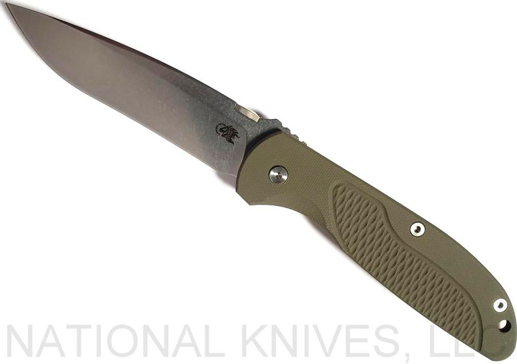 Rick Hinderer Knives Firetac Recurve folding knife with thumb disk - shown open presentation side.  Stonewash 20CV stainless steel plain edge blade.  OD green G-10 handle with stonewash bronze lock side.  Model K205FSGS00.