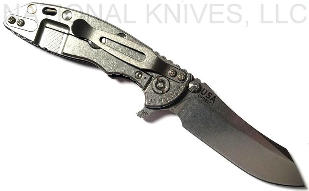 Rick Hinderer Knives XM-18 3.0" Skinner folding knife with thumb studs and flipper tab - shown open lock side.  Stonewashed 20CV stainless steel plain edge blade.  Black G-10 handle with stonewashed lock side.  Model K1041SGS00.