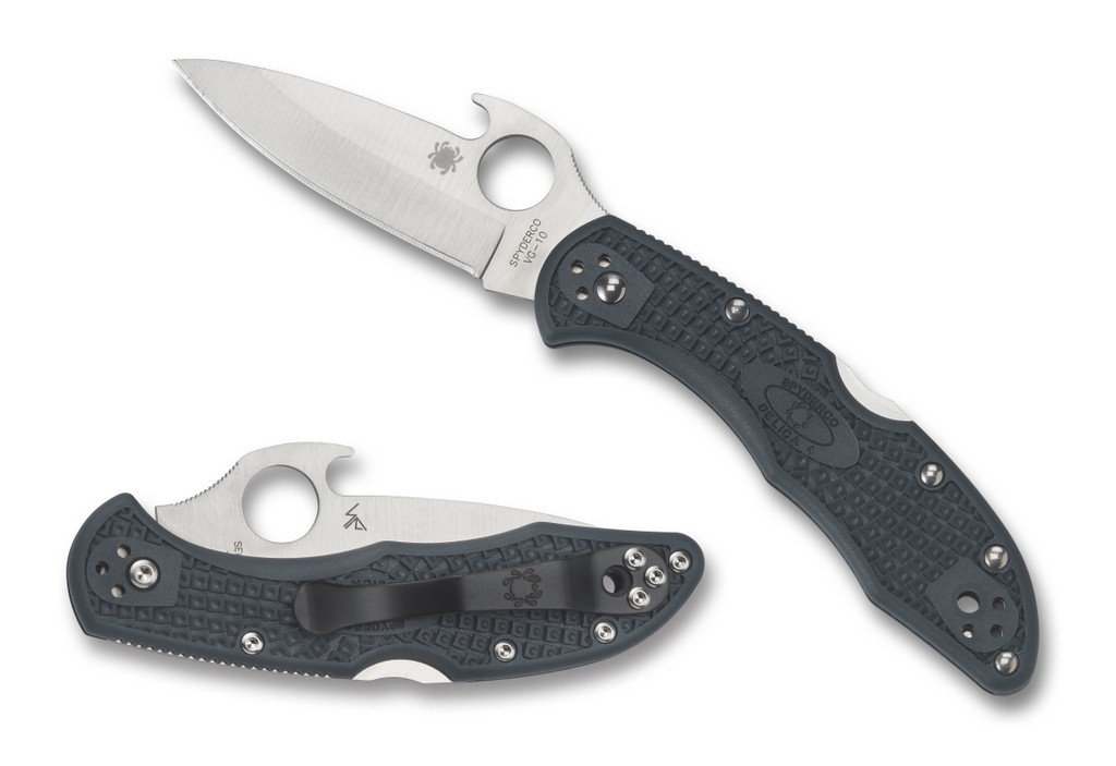 Spyderco Delica 4 Emerson folding knife with thumb hole and Emerson Wave Opener - shown open presentation side and closed pocket clip side.  Satin VG-10 stainless steel plain edge blade.  Gray FRN handle.  Model C11PGYW.
