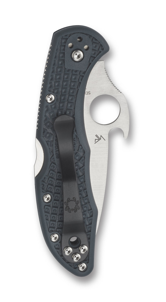 Spyderco Delica 4 Emerson folding knife with thumb hole and Emerson Wave Opener - shown closed pocket clip side.  Satin VG-10 stainless steel plain edge blade.  Gray FRN handle.  Model C11PGYW.
