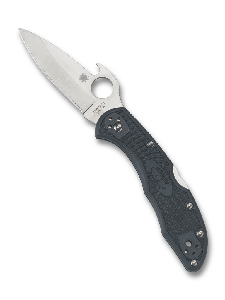 Spyderco Delica 4 Emerson folding knife with thumb hole and Emerson Wave Opener - shown open presentation side.  Satin VG-10 stainless steel plain edge blade.  Gray FRN handle.  Model C11PGYW.
