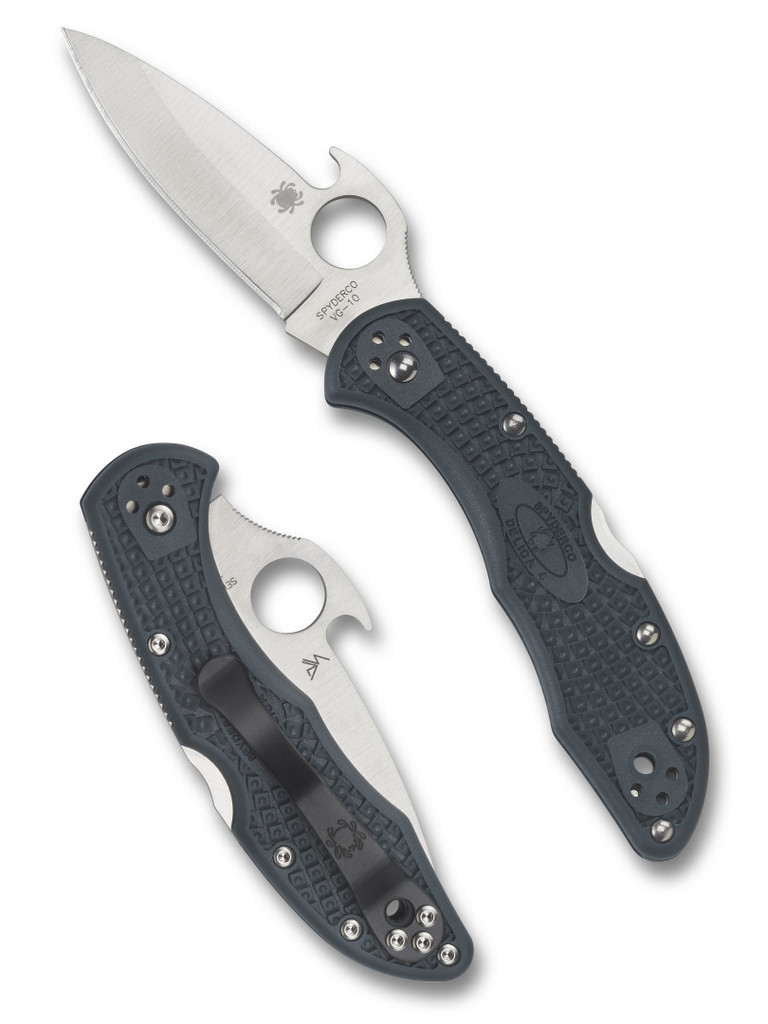 Spyderco Delica 4 Emerson folding knife with thumb hole and Emerson Wave Opener - shown open presentation side and closed pocket clip side.  Satin VG-10 stainless steel plain edge blade.  Gray FRN handle.  Model C11PGYW.