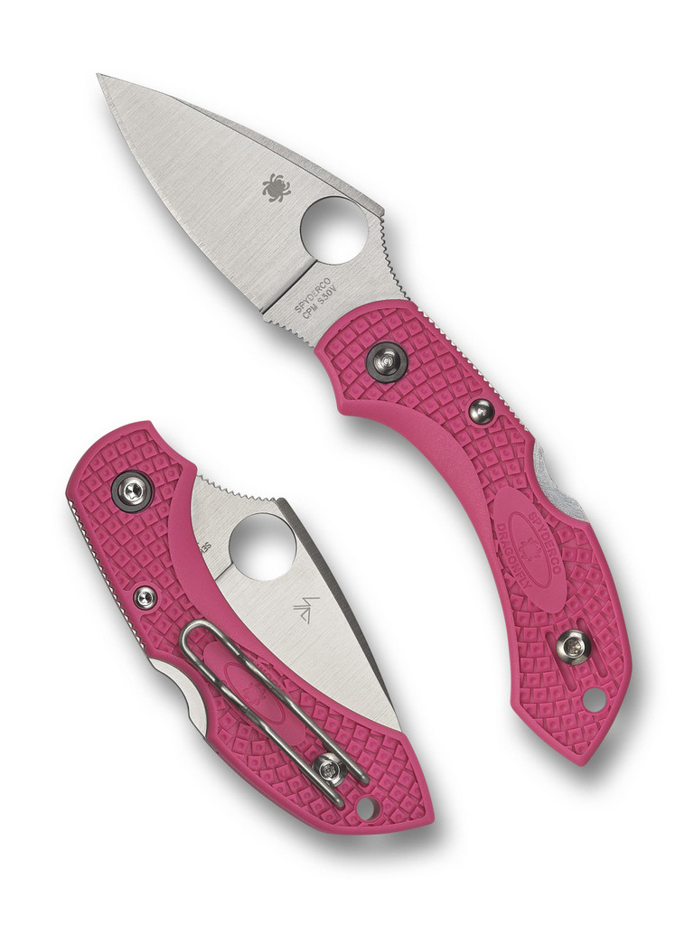 Spyderco Dragonfly 2 folding knife with thumb hole - shown open presentation side and closed pocket clip side.  Satin S30V stainless steel plain edge blade.  Pink FRN handle.  Model C28FPPNS30V2.