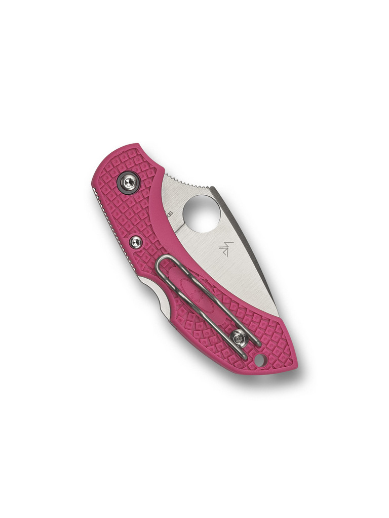 Spyderco Dragonfly 2 folding knife with thumb hole - shown closed pocket clip side.  Satin S30V stainless steel plain edge blade.  Pink FRN handle.  Model C28FPPNS30V2.