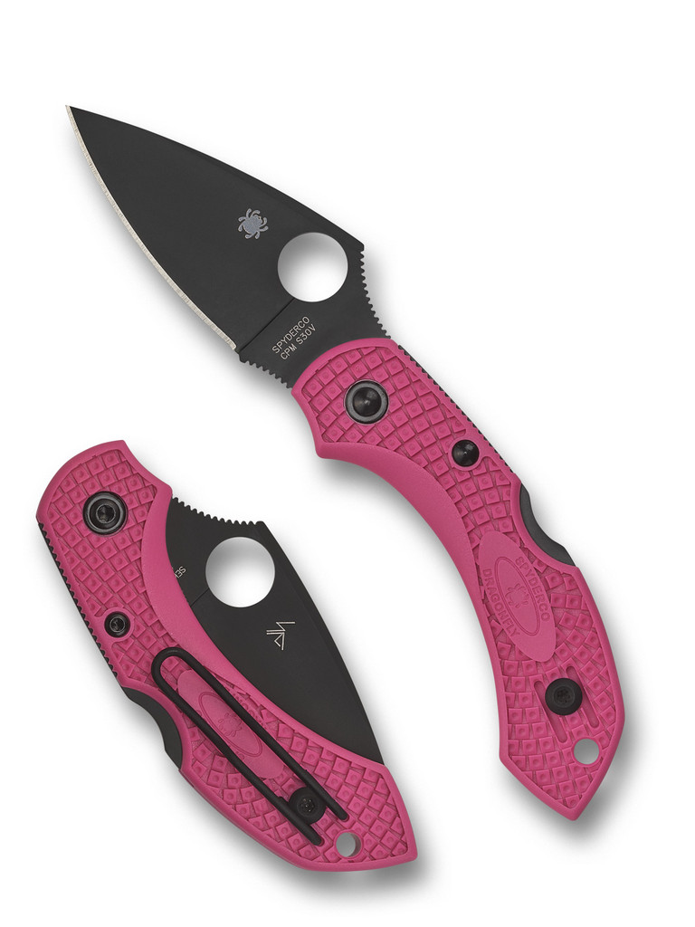 Spyderco Dragonfly 2 folding knife with thumb hole - shown open presentation side and closed pocket clip side.  Black S30V stainless steel plain edge blade.  Pink FRN handle.  Model C28FPPNS30VBK2.