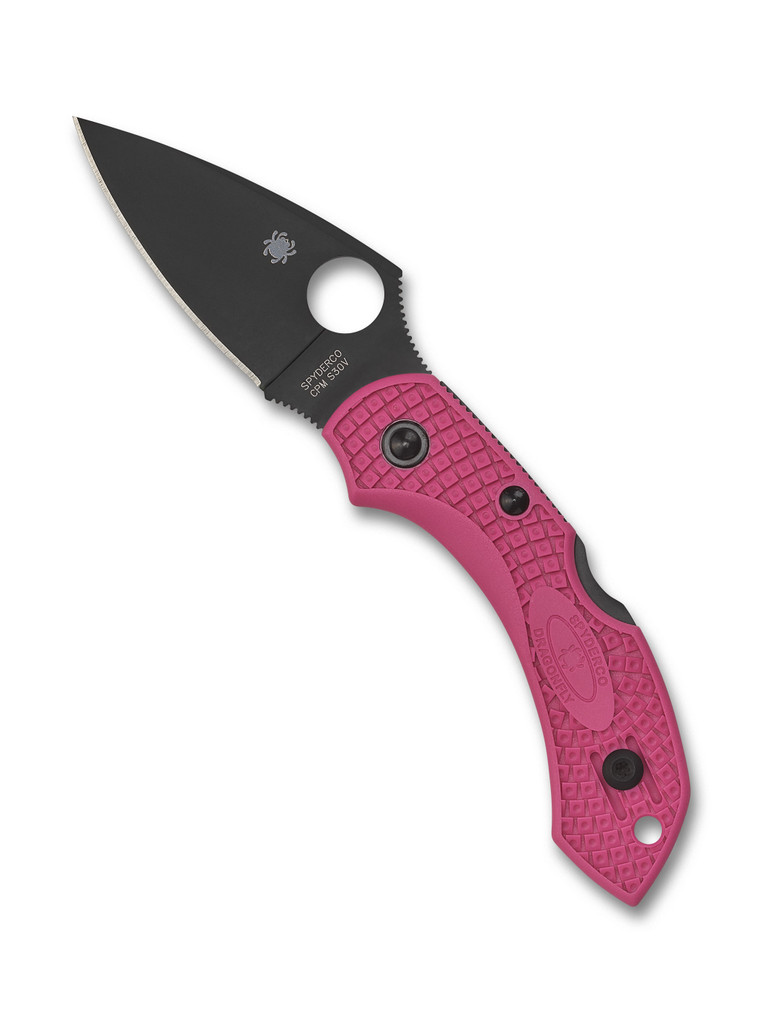 Spyderco Dragonfly 2 folding knife with thumb hole - shown open presentation side.  Black S30V stainless steel plain edge blade.  Pink FRN handle.  Model C28FPPNS30VBK2.