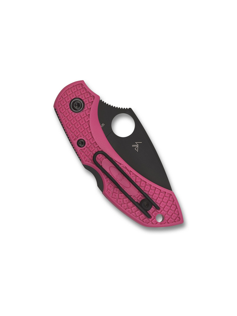 Spyderco Dragonfly 2 folding knife with thumb hole - shown closed pocket clip side.  Black S30V stainless steel plain edge blade.  Pink FRN handle.  Model C28FPPNS30VBK2.