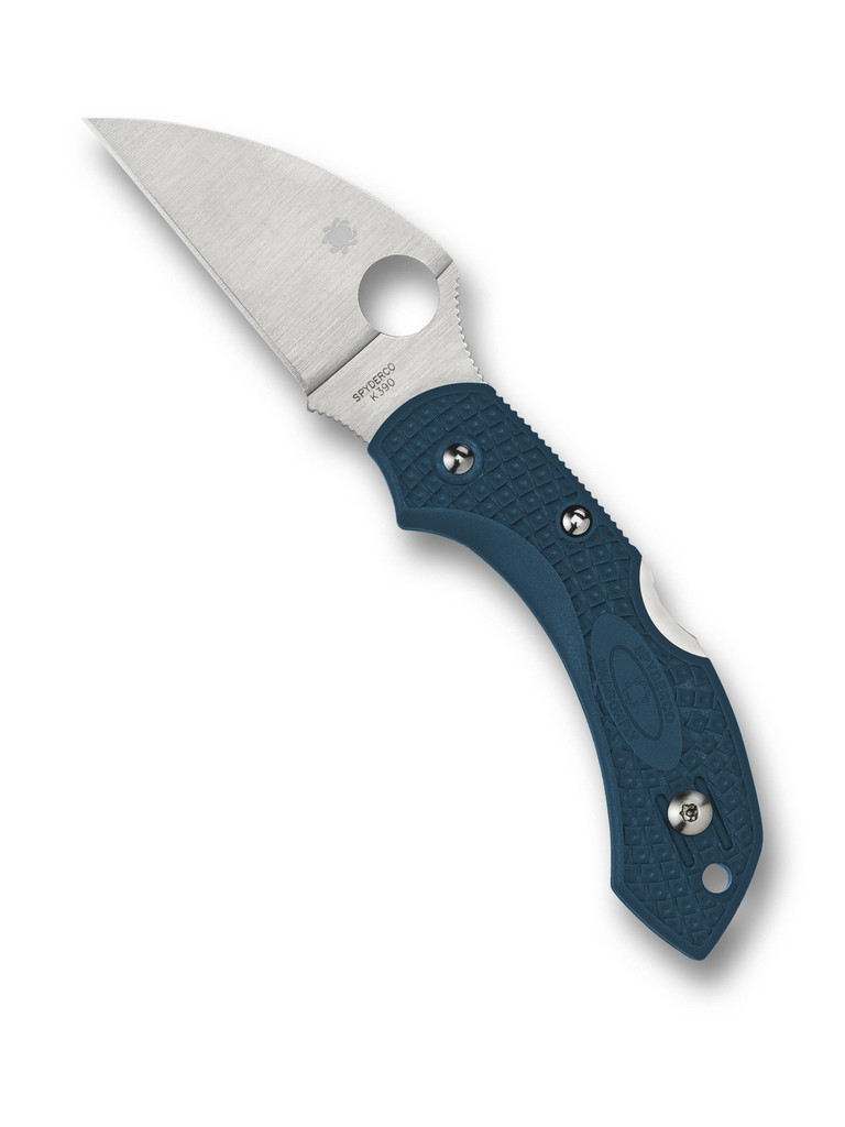 Spyderco Dragonfly 2 folding knife with thumb hole - shown open presentation side.  Satin K390 steel, wharncliffe, plain edge blade.  Blue FRN handle.  Model C28FP2WK390.