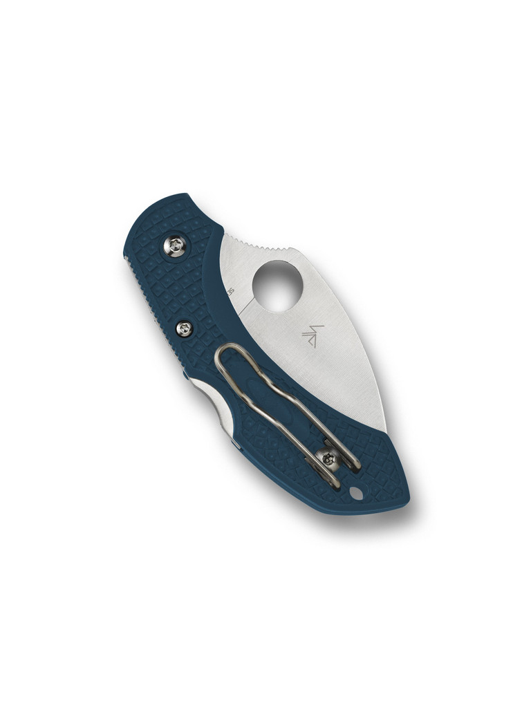 Spyderco Dragonfly 2 folding knife with thumb hole - shown closed pocket clip side.  Satin K390 steel, wharncliffe, plain edge blade.  Blue FRN handle.  Model C28FP2WK390.
