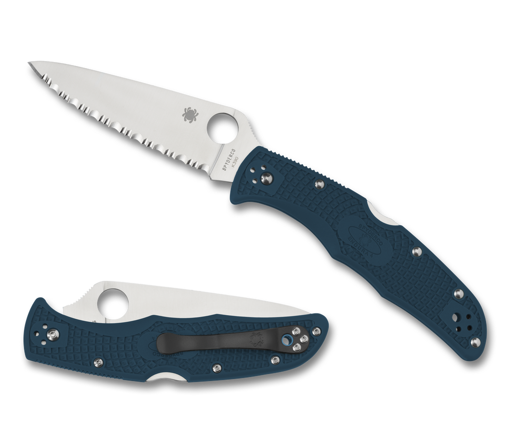 Spyderco Endura 4 folding knife with thumb hole - shown open presentation side and closed pocket clip side.  Satin K390 steel serrated edge blade.  Blue FRN handle.  Model C10FSK390.
For reference only.