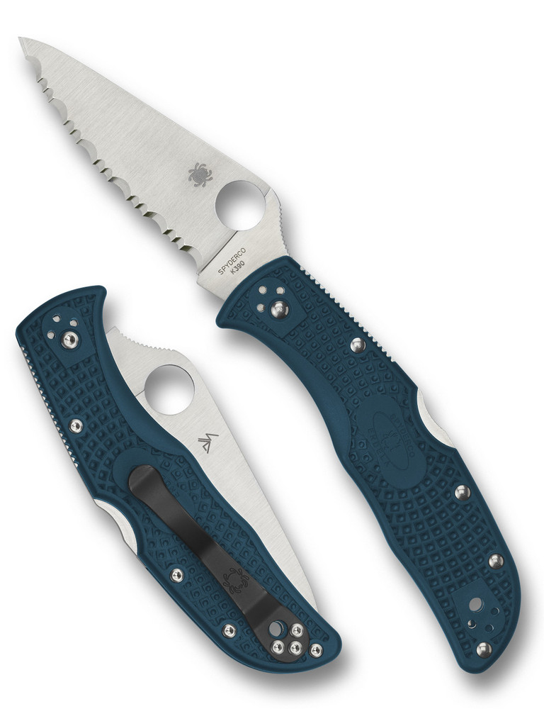 Spyderco Endela folding knife with thumb hole - shown open presentation side and closed pocket clip side.  Satin K390 steel serrated edge blade.  Blue FRN handle.  Model C243FSK390.
