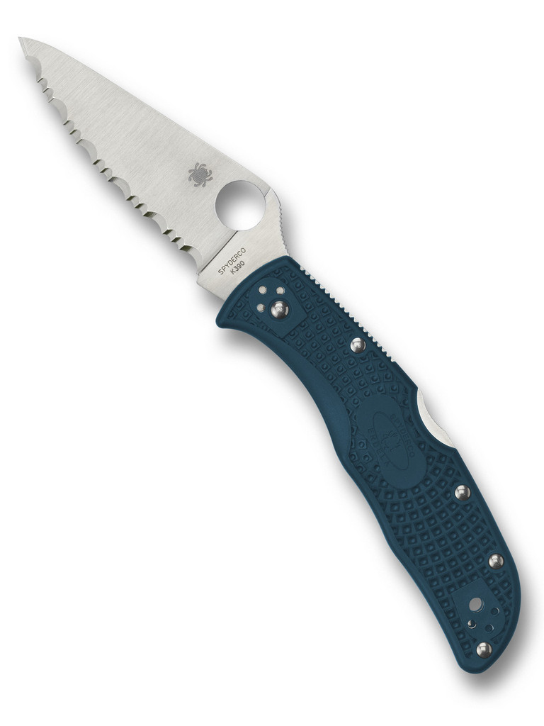 Spyderco Endela folding knife with thumb hole - shown open presentation side.  Satin K390 steel serrated edge blade.  Blue FRN handle.  Model C243FSK390.
