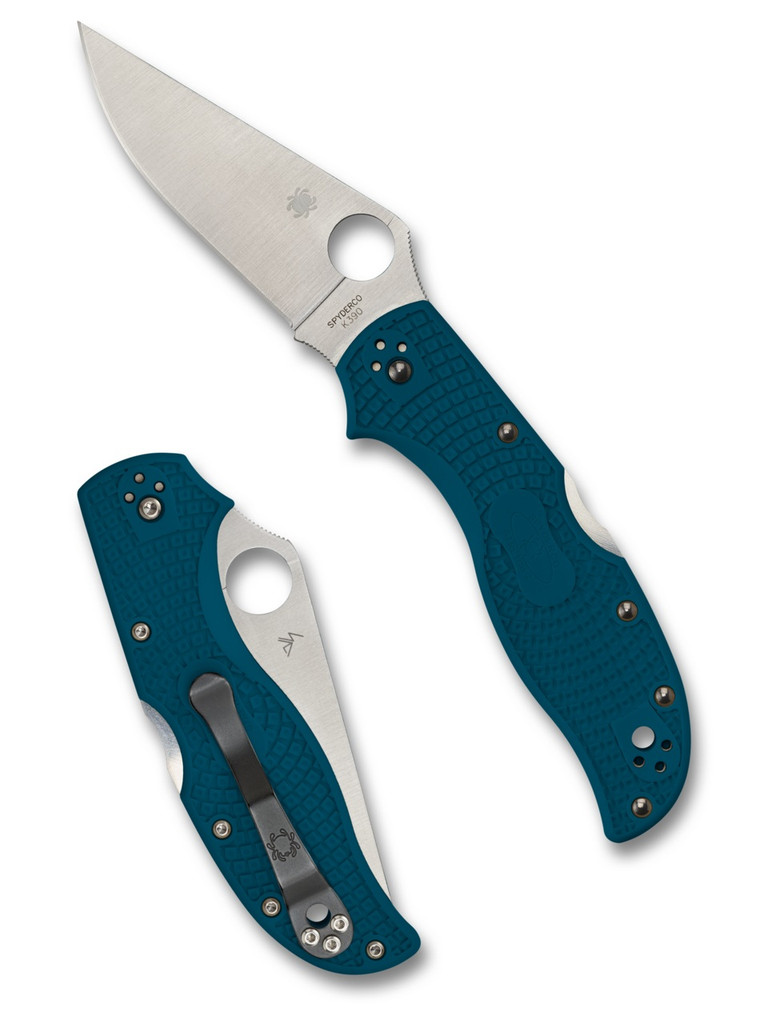 Spyderco Stretch 2 folding knife with thumb hole - shown open presentation side and closed pocket clip side.  Satin K390 steel plain edge blade.  Blue FRN handle.  Model C90FP2K390.