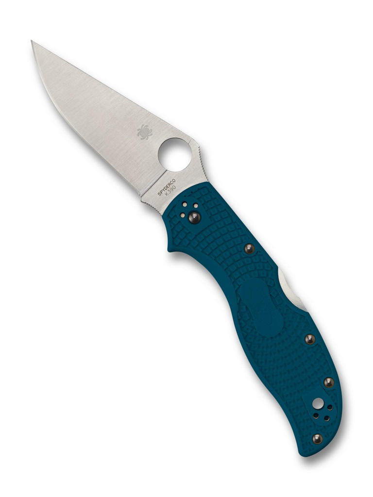 Spyderco Stretch 2 folding knife with thumb hole - shown open presentation side.  Satin K390 steel plain edge blade.  Blue FRN handle.  Model C90FP2K390.