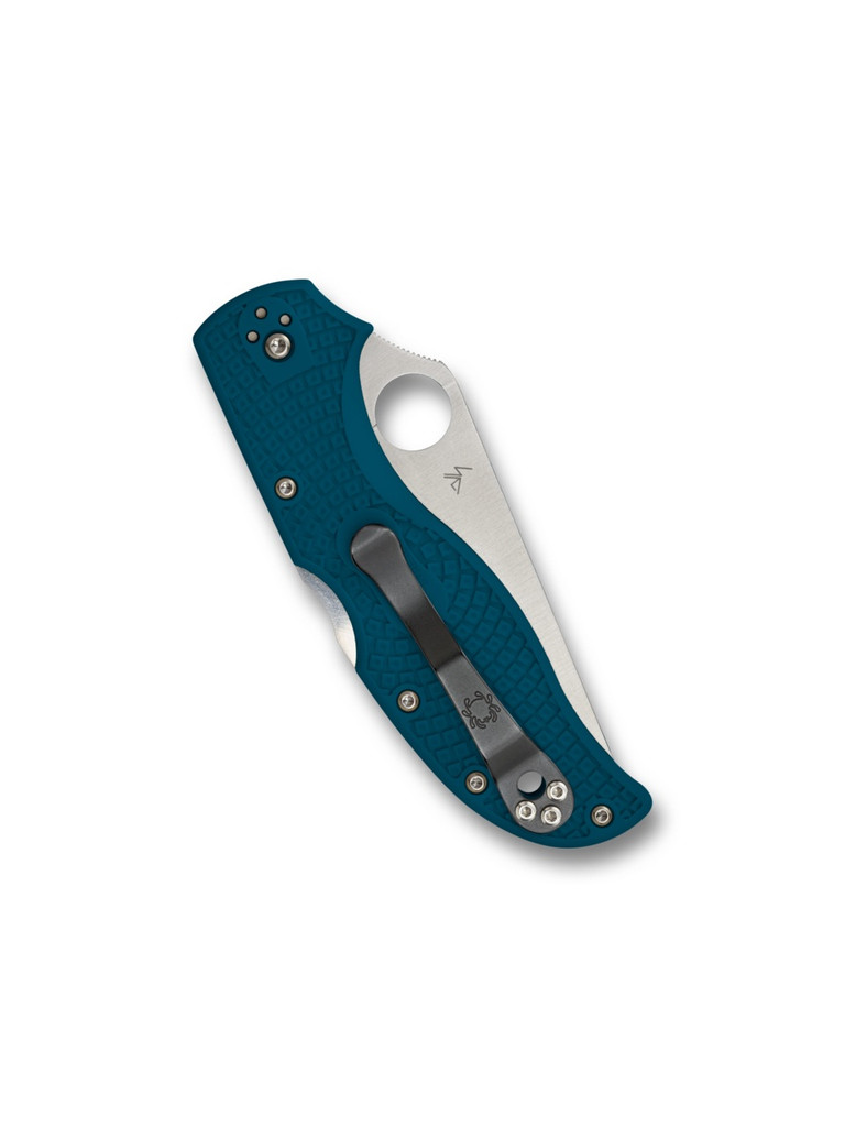 Spyderco Stretch 2 folding knife with thumb hole - shown closed pocket clip side.  Satin K390 steel plain edge blade.  Blue FRN handle.  Model C90FP2K390.