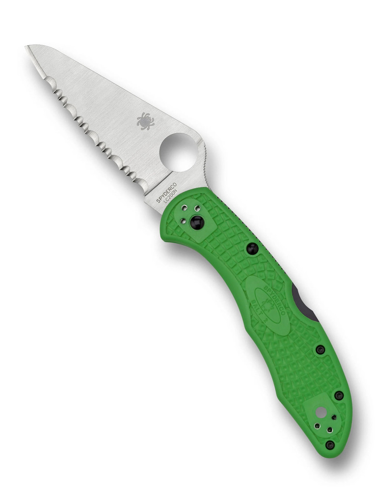 Spyderco Salt 2 folding knife with thumb hole - shown open presentation side.  Satin LC200N stainless steel serrated edge blade.  Green FRN handle. Model C88FSGR2.