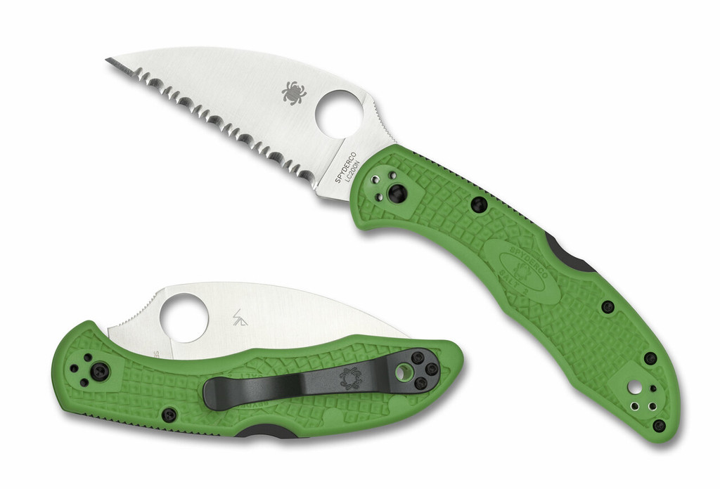 Spyderco Salt 2 Wharncliffe folding knife with thumb hole - shown open presentation side and closed pocket clip side.  Satin LC200N stainless steel serrated edge blade.  Green FRN handle. Model C88FSWCGR2.