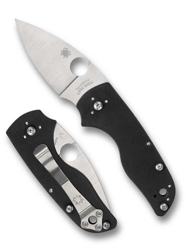Spyderco Lil' Native Slipit folding knife with thumb hole - shown open presentation side and closed pocket clip side.  Satin S30V stainless steel plain edge blade.  Black G-10 handle.  Model C230NLGP.