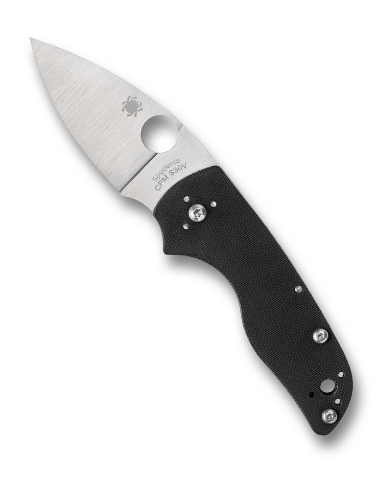 Spyderco Lil' Native Slipit folding knife with thumb hole - shown open presentation side.  Satin S30V stainless steel plain edge blade.  Black G-10 handle.  Model C230NLGP.
