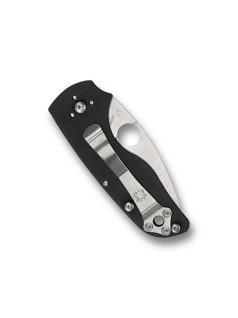Spyderco Lil' Native Slipit folding knife with thumb hole - shown closed pocket clip side.  Satin S30V stainless steel plain edge blade.  Black G-10 handle.  Model C230NLGP.